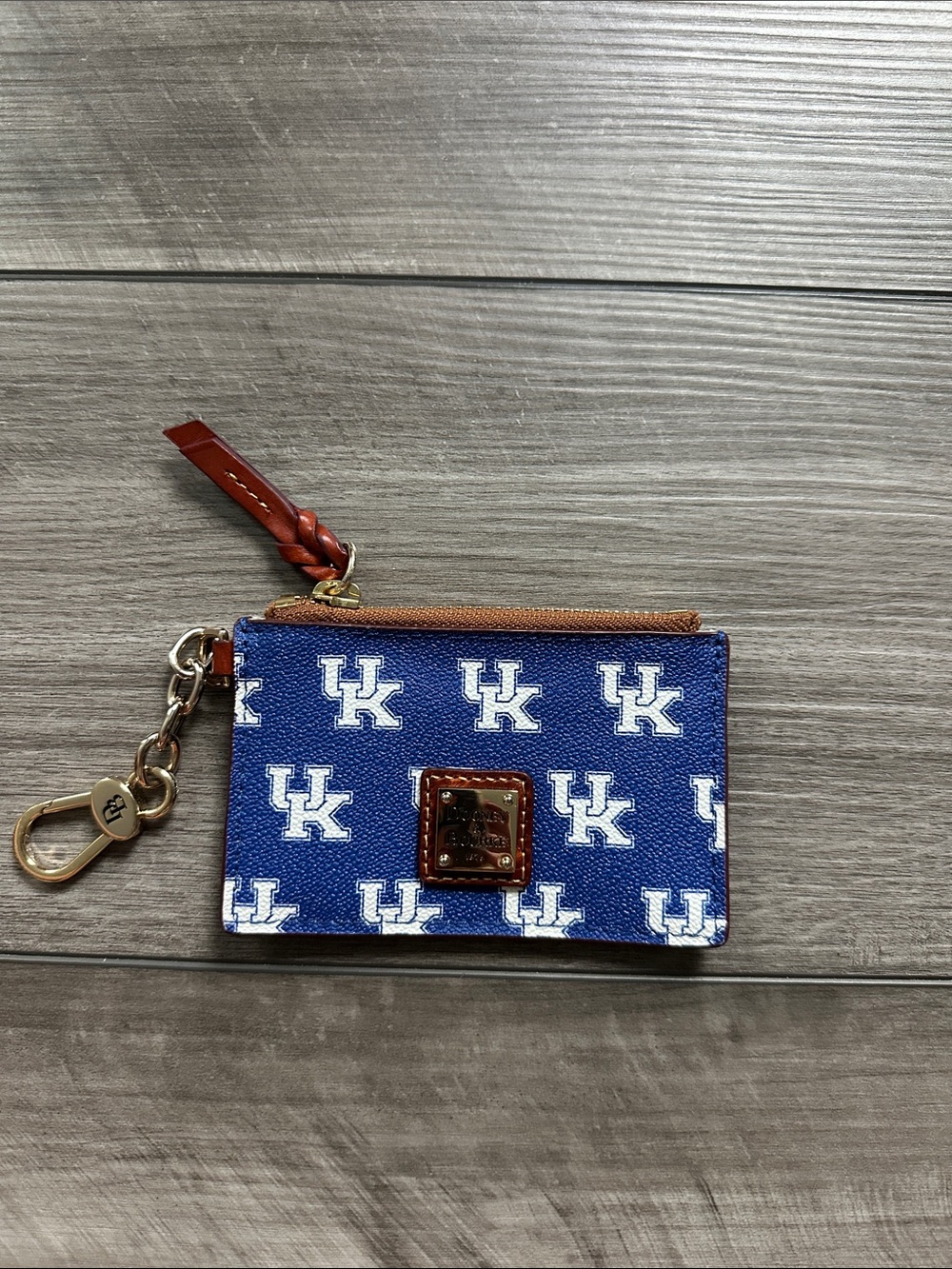 Dooney & Bourke Blue and White UK Logo Card Case with Brown Trim & Key Clip